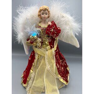 Porcelain Angel Tree Topper With Fiber Optic Wings & Gold Details